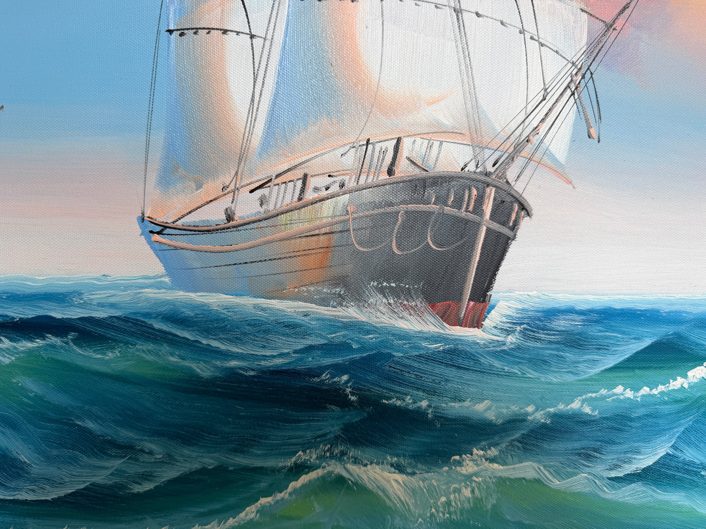Original Marine Oil Painting Tall Ship on Open Sea Nautical Seascape Gold Frame