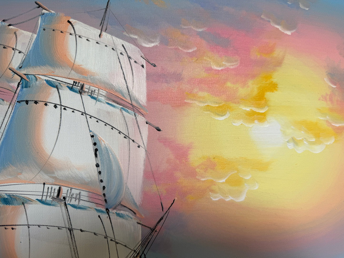 Original Marine Oil Painting Tall Ship on Open Sea Nautical Seascape Gold Frame