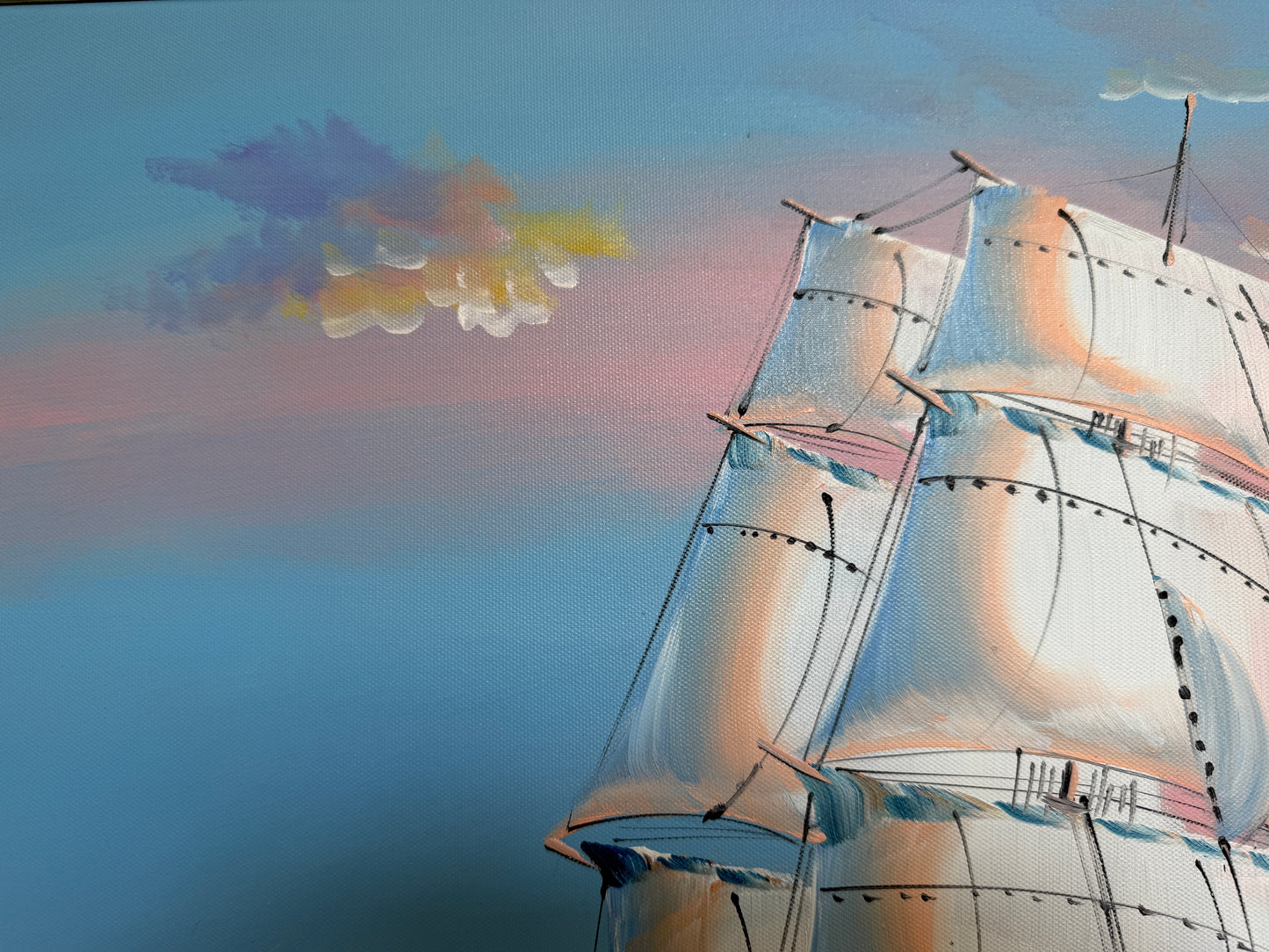 Original Marine Oil Painting Tall Ship on Open Sea Nautical Seascape Gold Frame