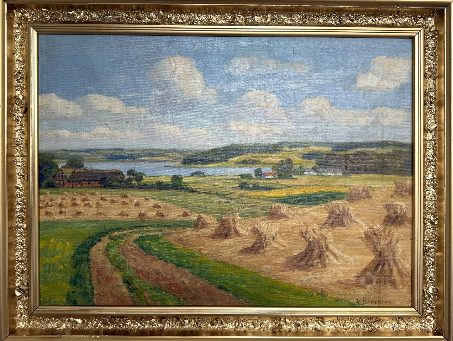 Henrik Gamst Jespersen (1853-1936) Danish Antique Harvest Landscape Oil Painting