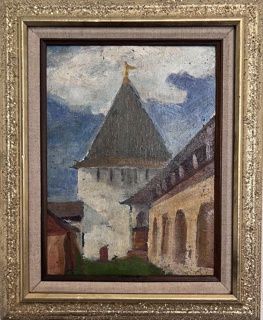 Vintage Russian Oil Painting – Medieval Tower with Hand-Decorated Frame Unsigned