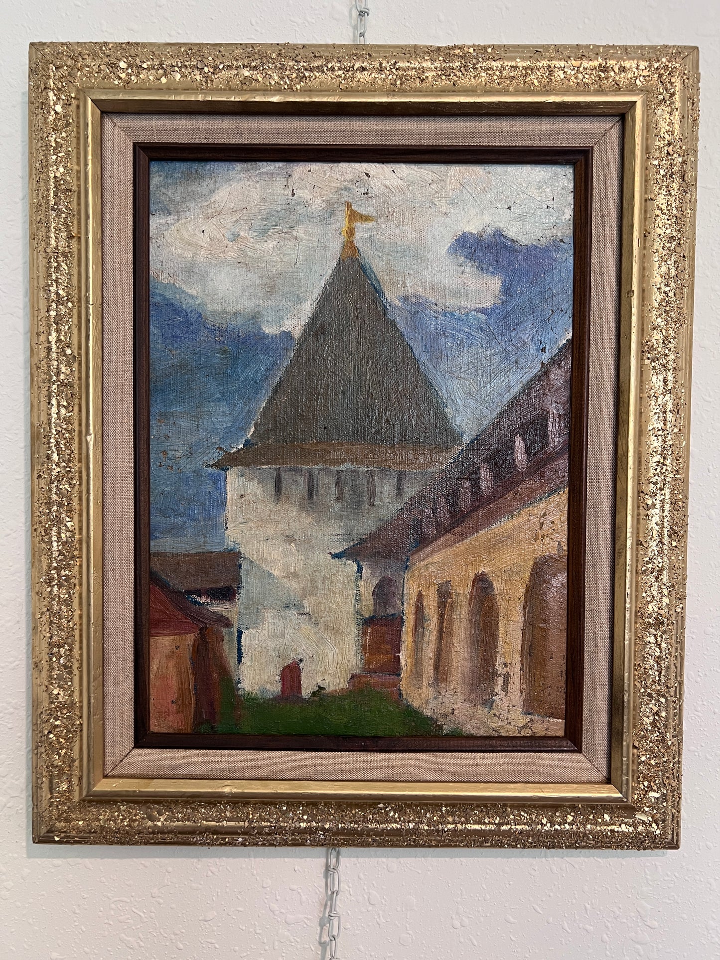 Vintage Russian Oil Painting – Medieval Tower with Hand-Decorated Frame Unsigned