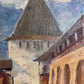 Vintage Russian Oil Painting – Medieval Tower with Hand-Decorated Frame Unsigned