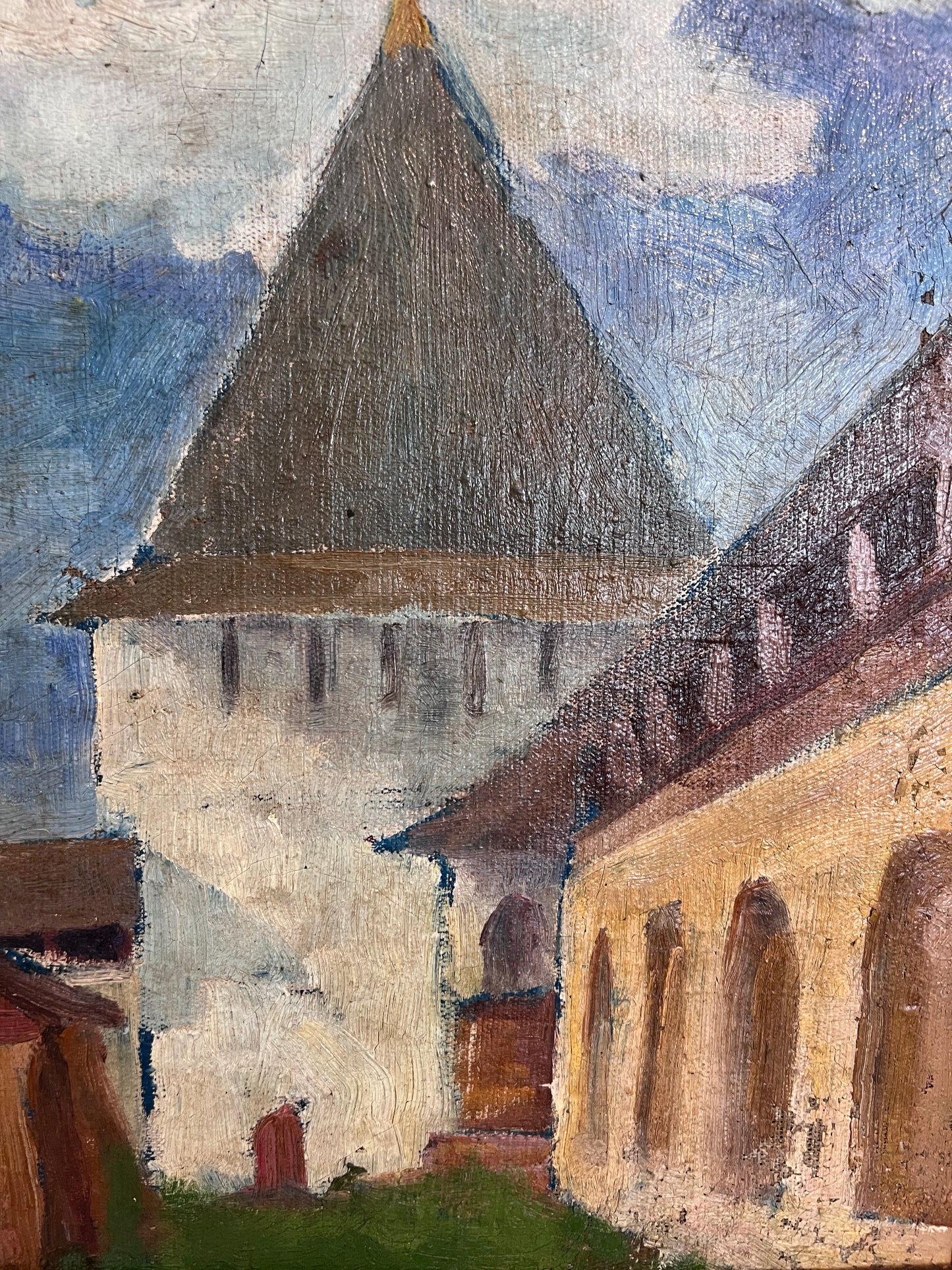 Vintage Russian Oil Painting – Medieval Tower with Hand-Decorated Frame Unsigned