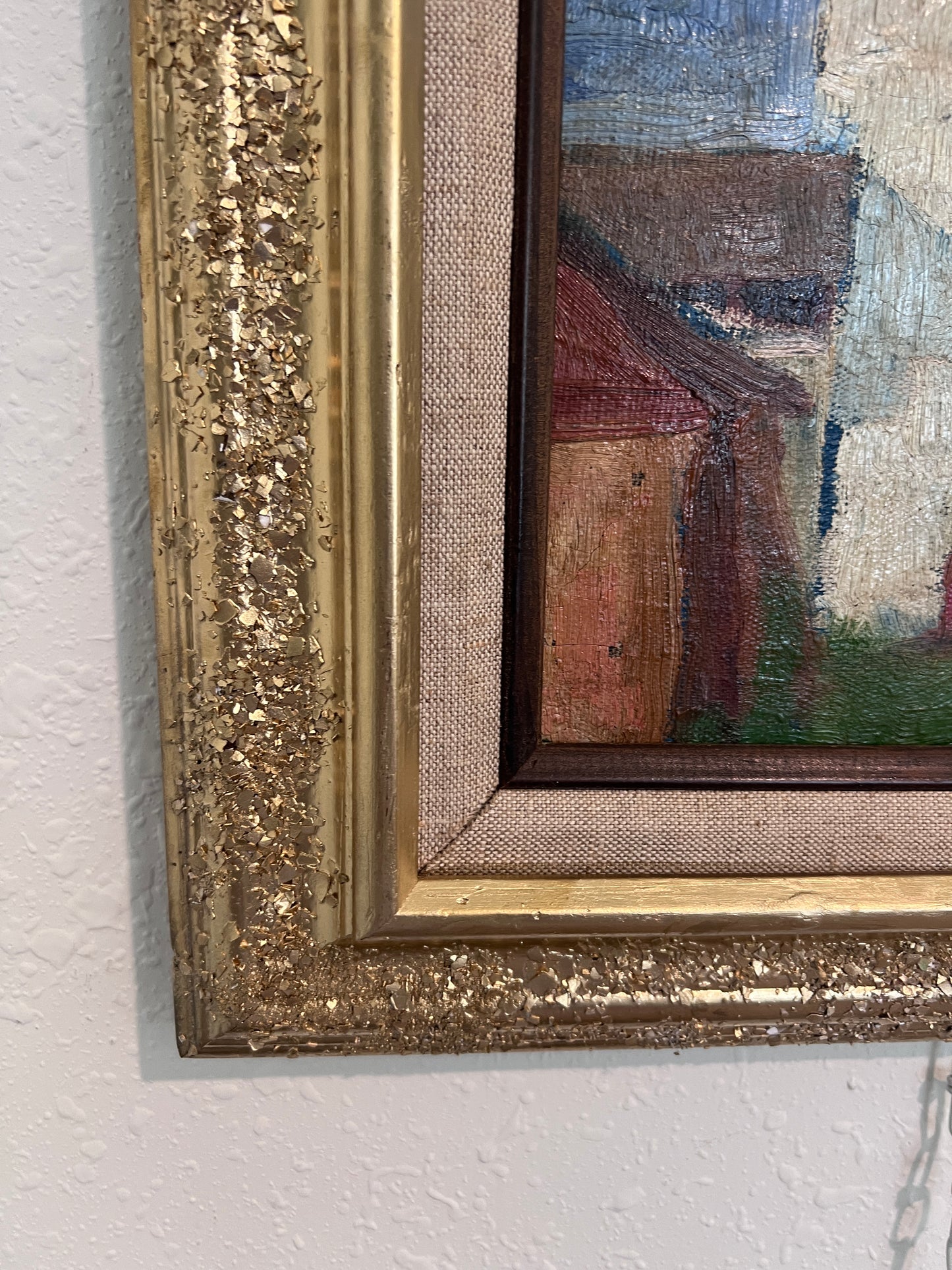 Vintage Russian Oil Painting – Medieval Tower with Hand-Decorated Frame Unsigned