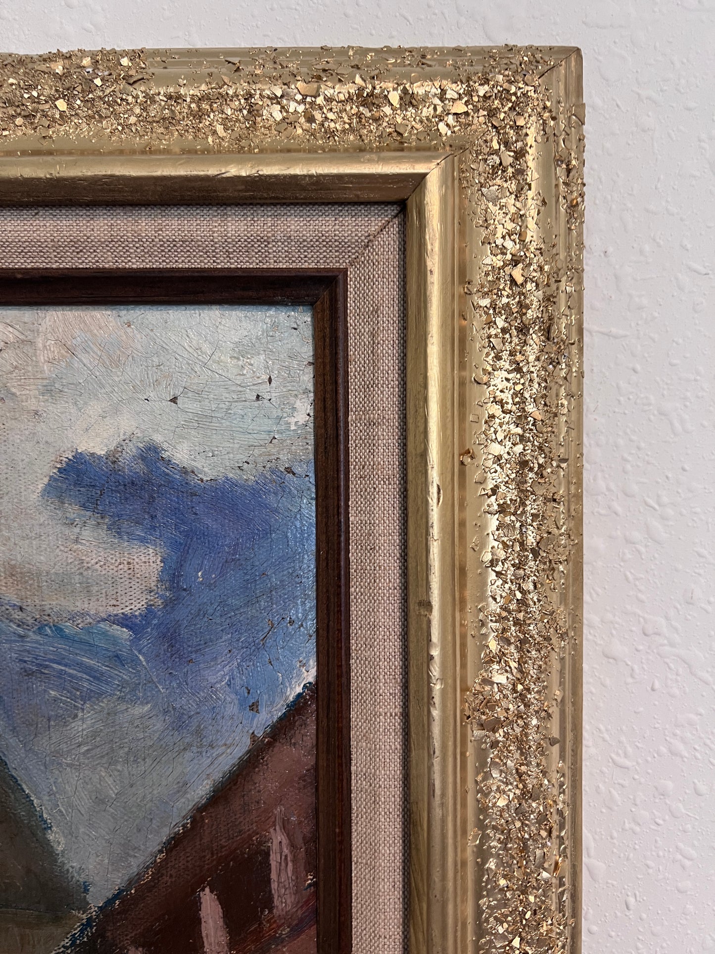 Vintage Russian Oil Painting – Medieval Tower with Hand-Decorated Frame Unsigned