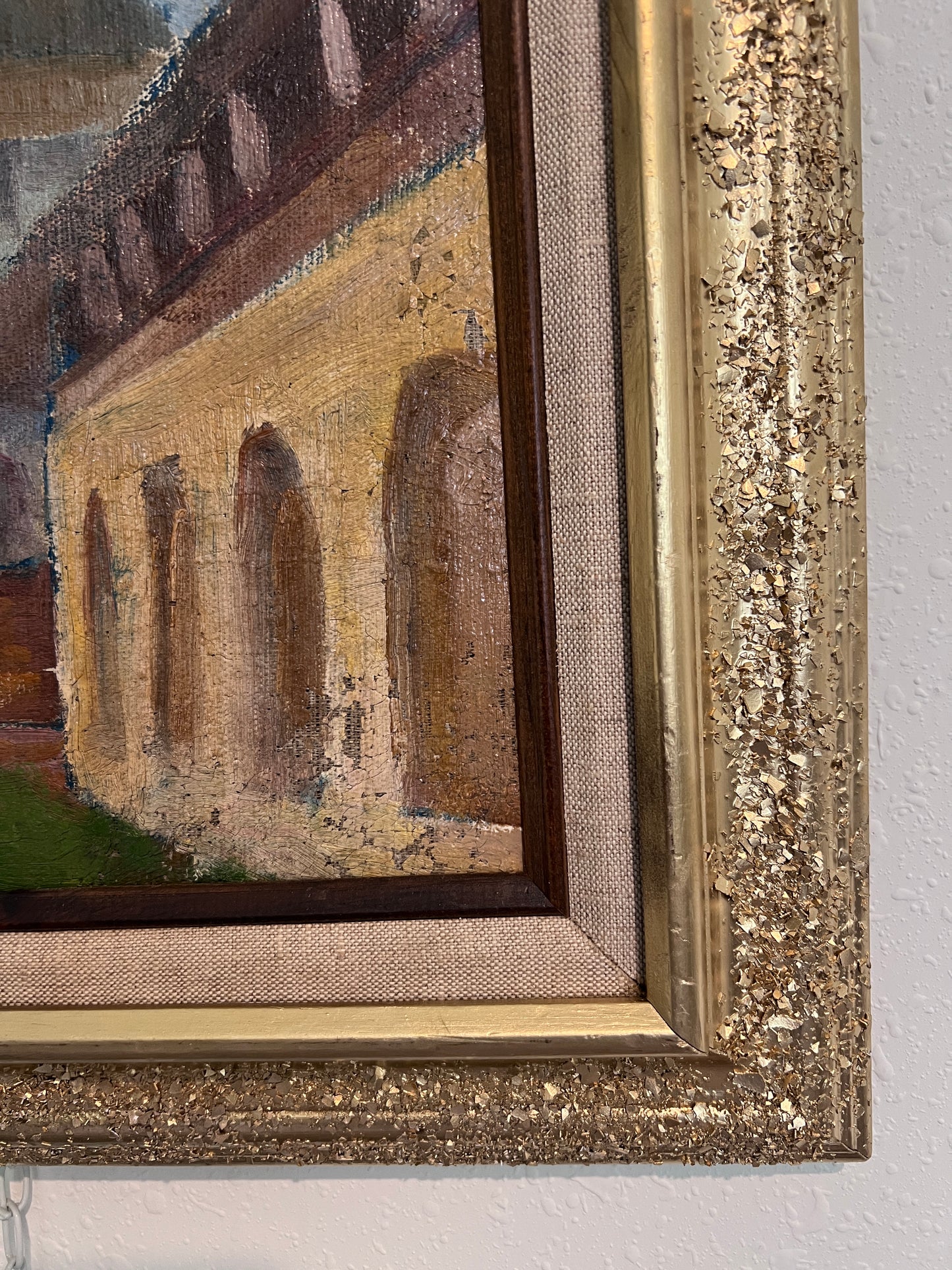 Vintage Russian Oil Painting – Medieval Tower with Hand-Decorated Frame Unsigned