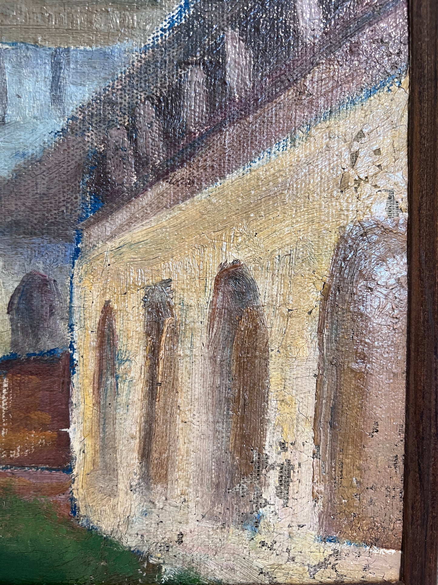 Vintage Russian Oil Painting – Medieval Tower with Hand-Decorated Frame Unsigned
