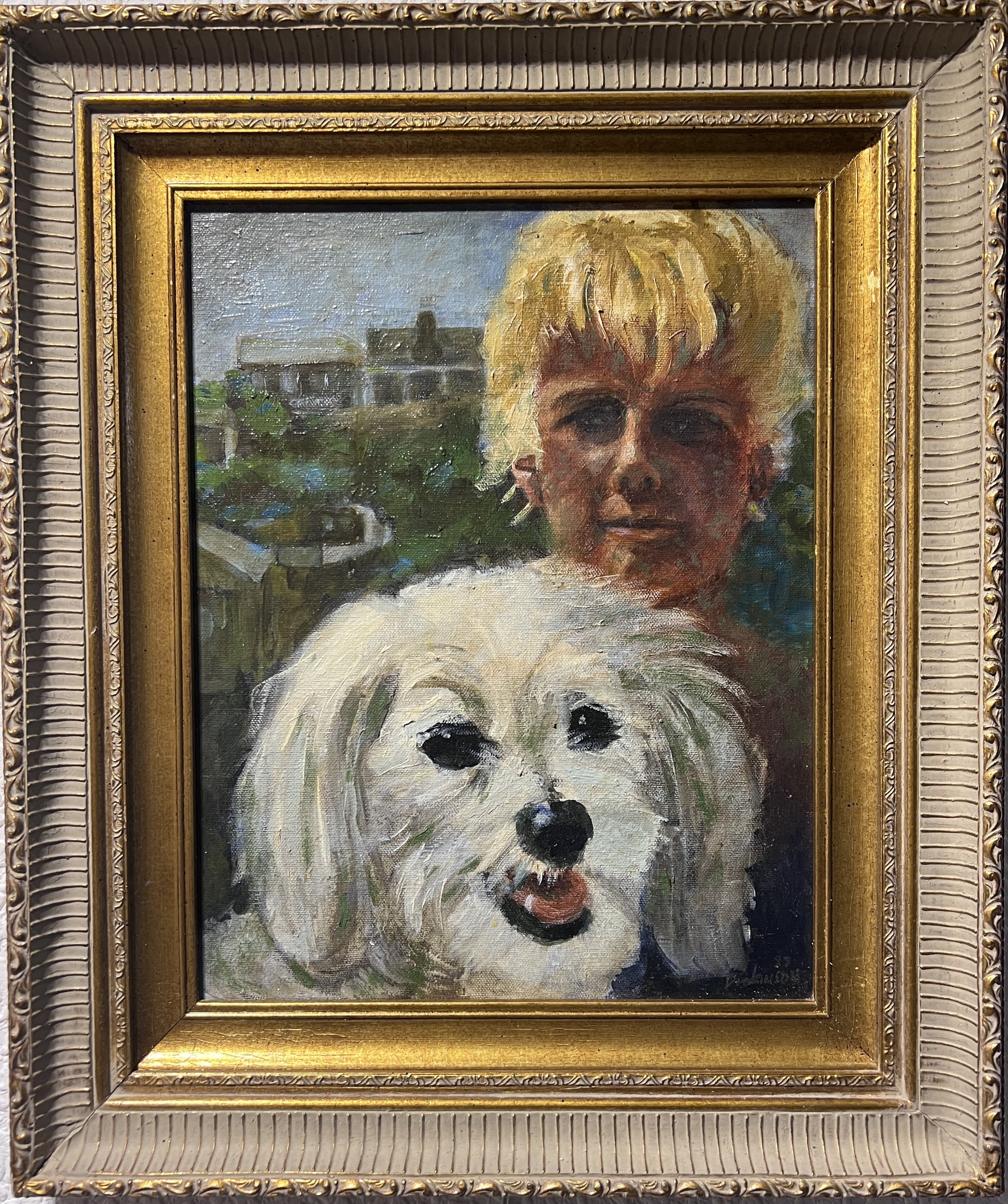 Original Oil Painting on Canvas, Portrait of a Boy with a Dog Signed Dated