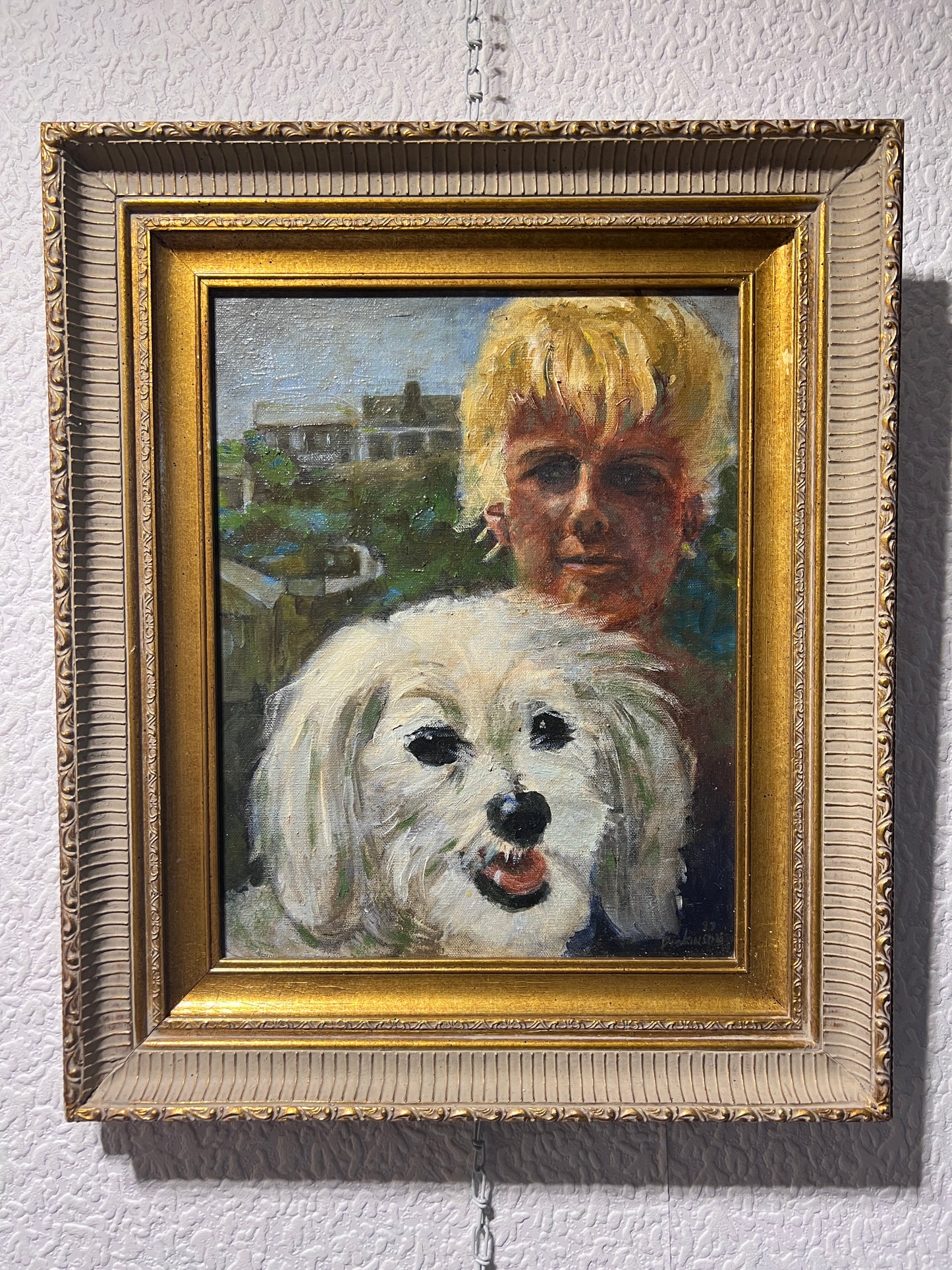 Original Oil Painting on Canvas, Portrait of a Boy with a Dog Signed Dated