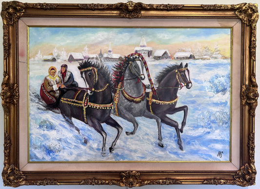Winter Troika Ride – Original Oil Painting by Max Shekhter (b. 1938) Gold Frame