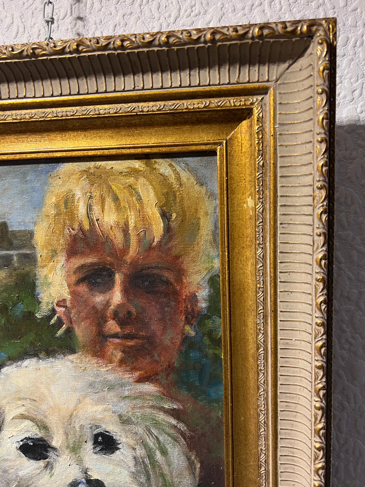 Original Oil Painting on Canvas, Portrait of a Boy with a Dog Signed Dated