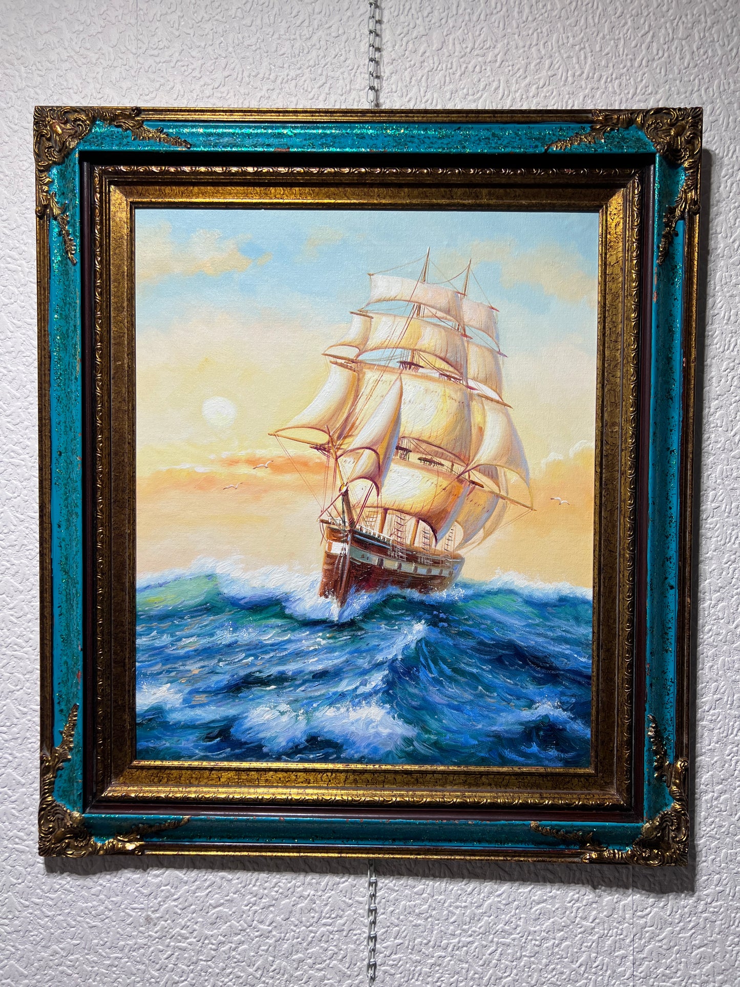 Original  oil painting on canvas, seascape, Sailing ships on the Sea, Framed