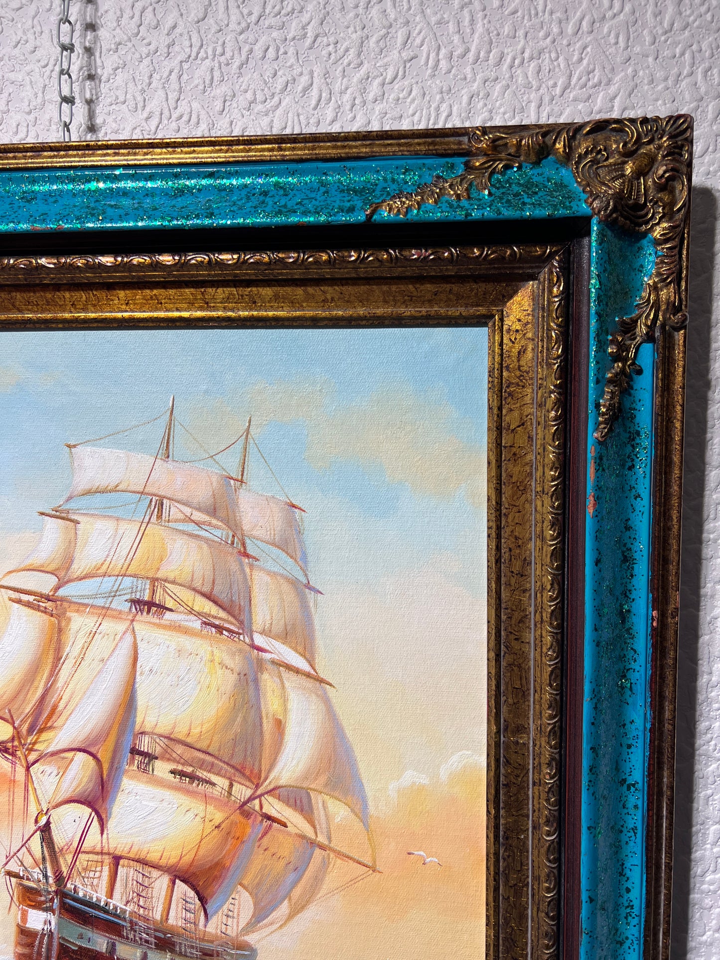 Original  oil painting on canvas, seascape, Sailing ships on the Sea, Framed