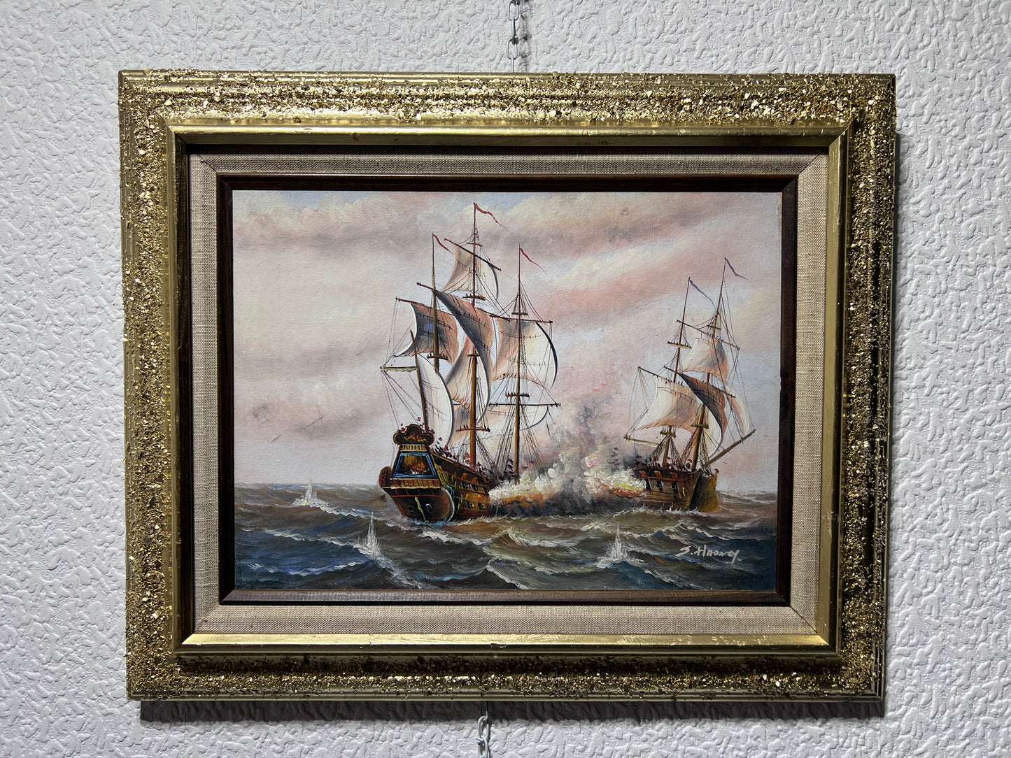 J.Harvey Oil painting on canvas, SHIPS BATTLE AT SEA, Signed, Framed