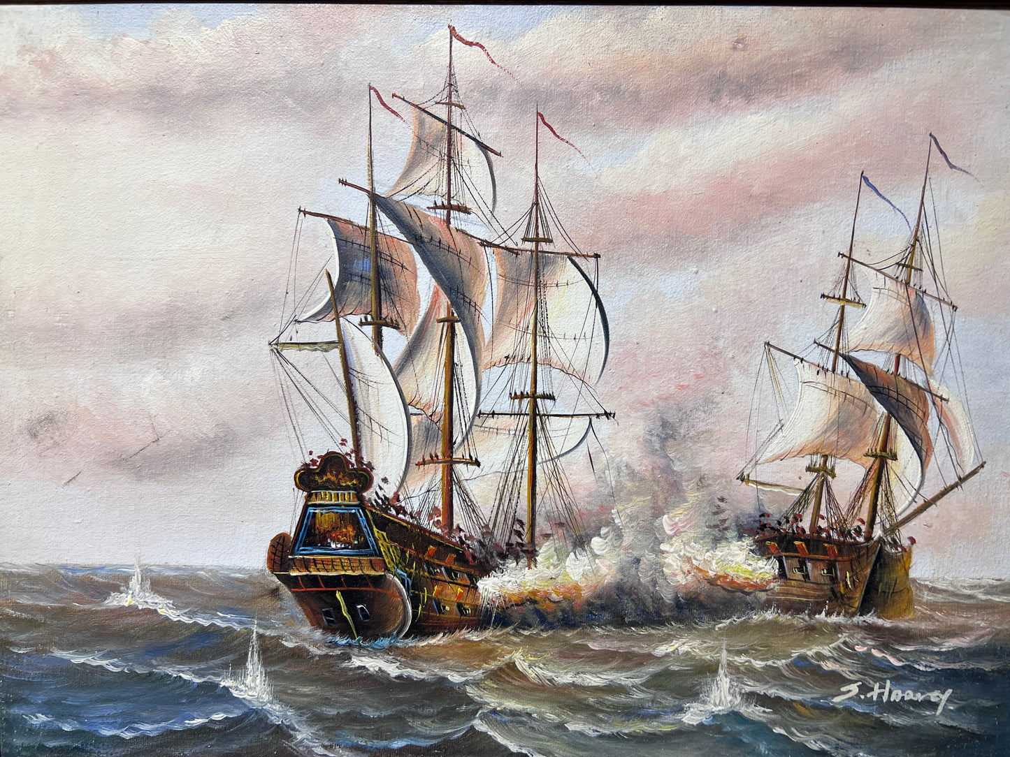 J.Harvey Oil painting on canvas, SHIPS BATTLE AT SEA, Signed, Framed