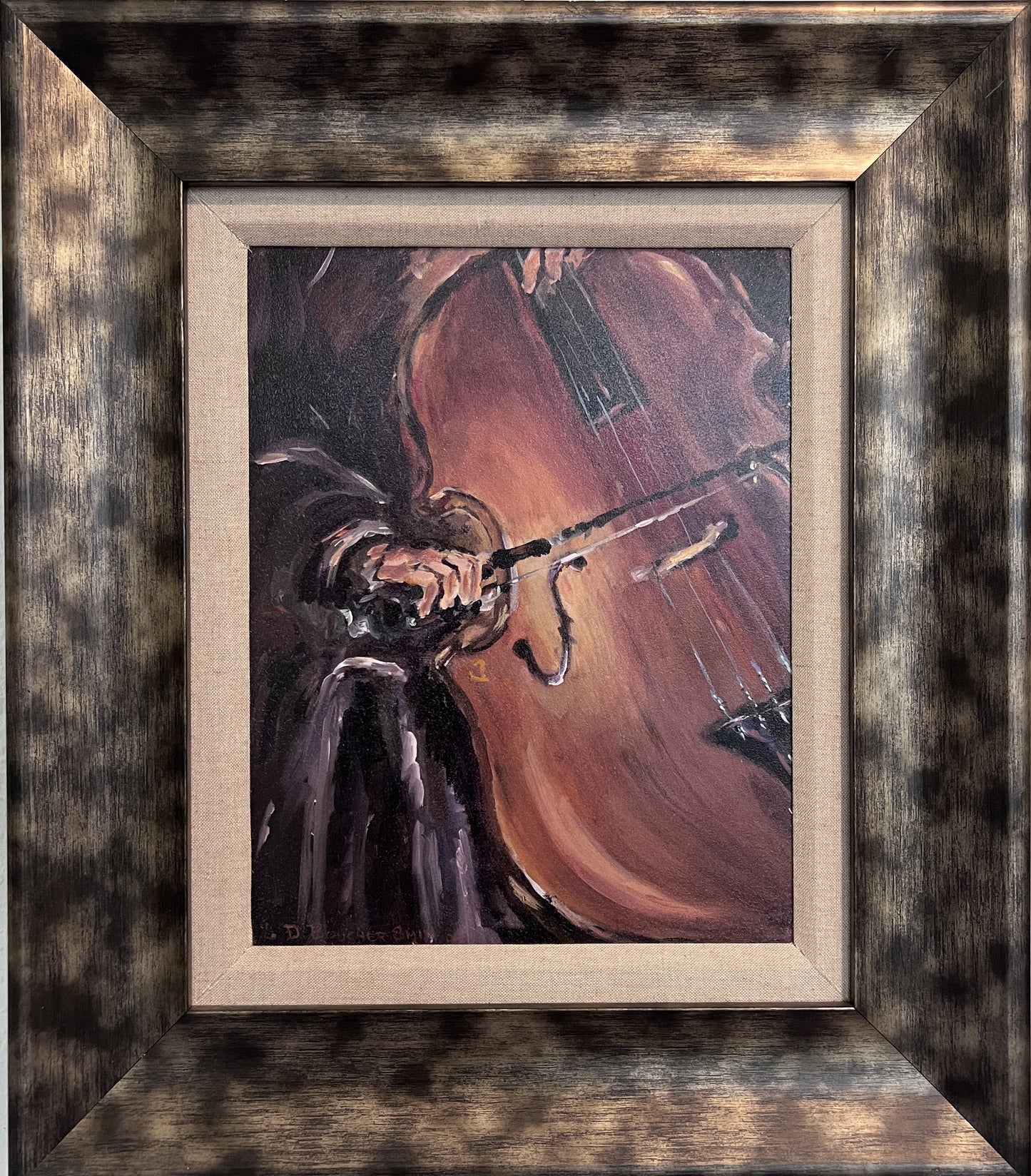 Expressive Original Oil Painting – Double Bassist by D. Boucher Smith, Framed