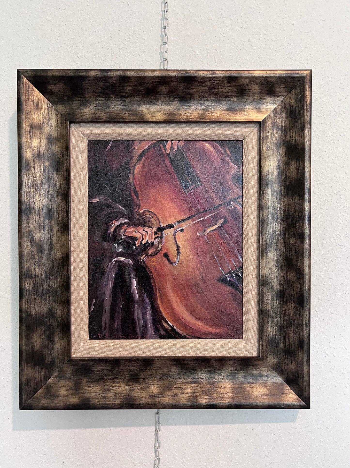 Expressive Original Oil Painting – Double Bassist by D. Boucher Smith, Framed