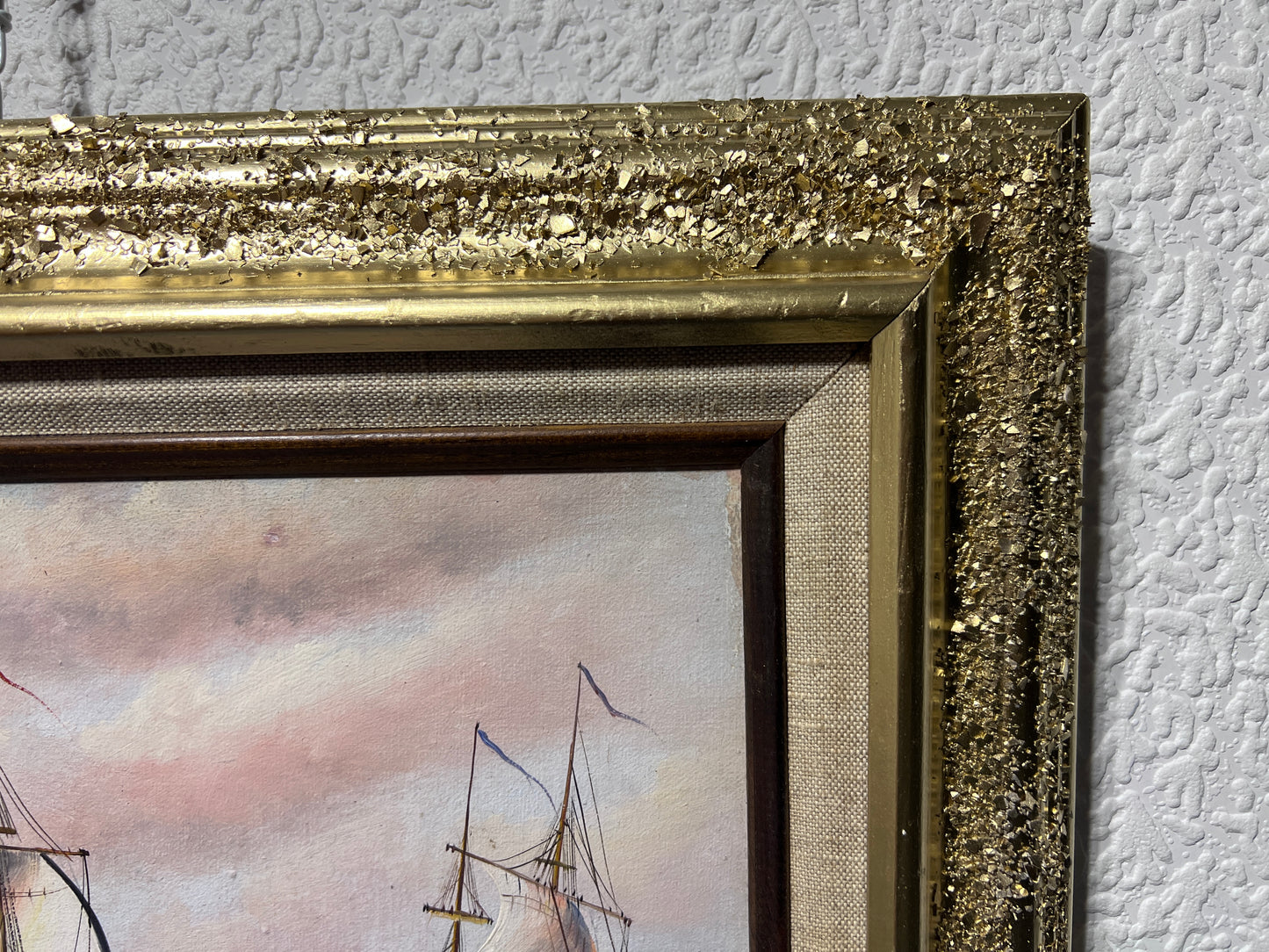 J.Harvey Oil painting on canvas, SHIPS BATTLE AT SEA, Signed, Framed