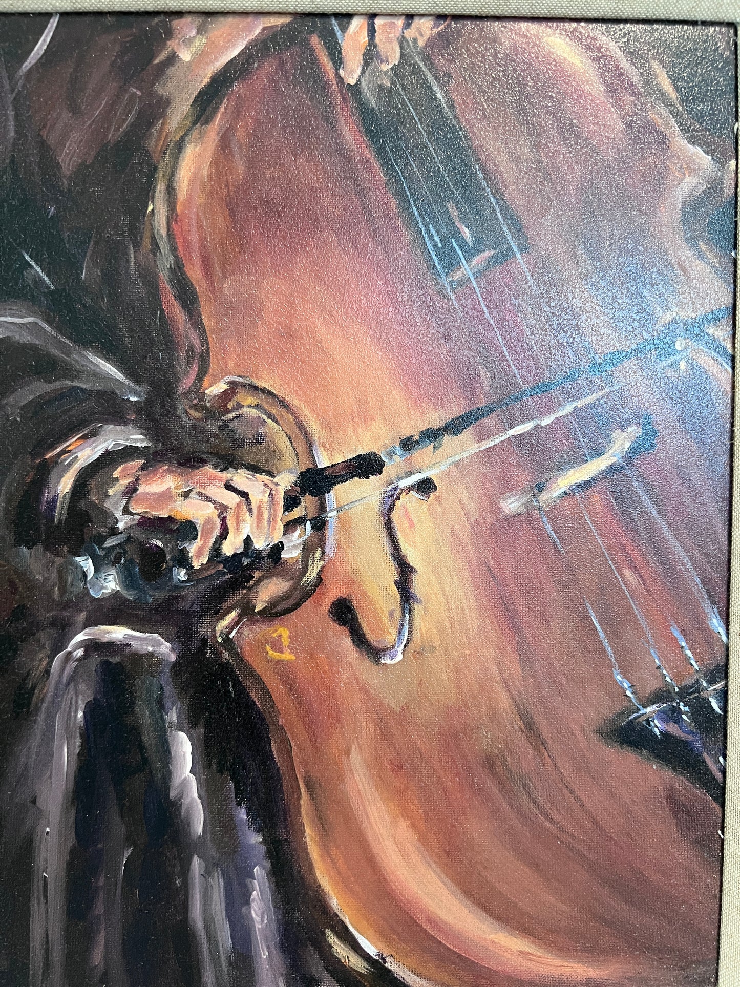 Expressive Original Oil Painting – Double Bassist by D. Boucher Smith, Framed