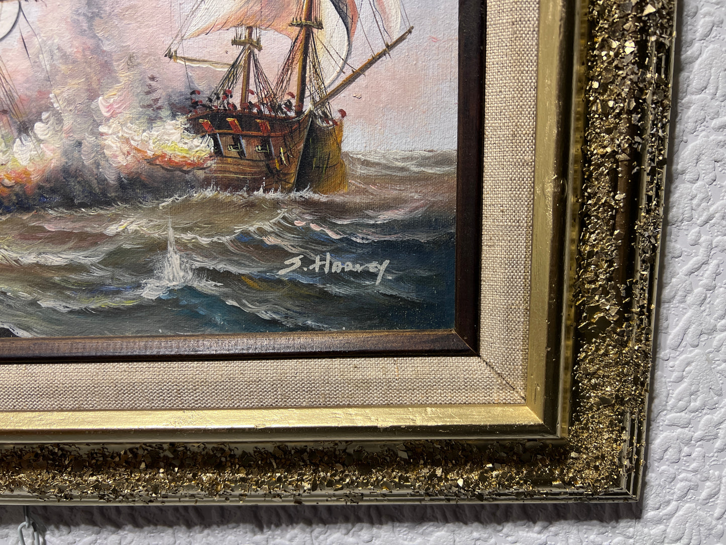 J.Harvey Oil painting on canvas, SHIPS BATTLE AT SEA, Signed, Framed