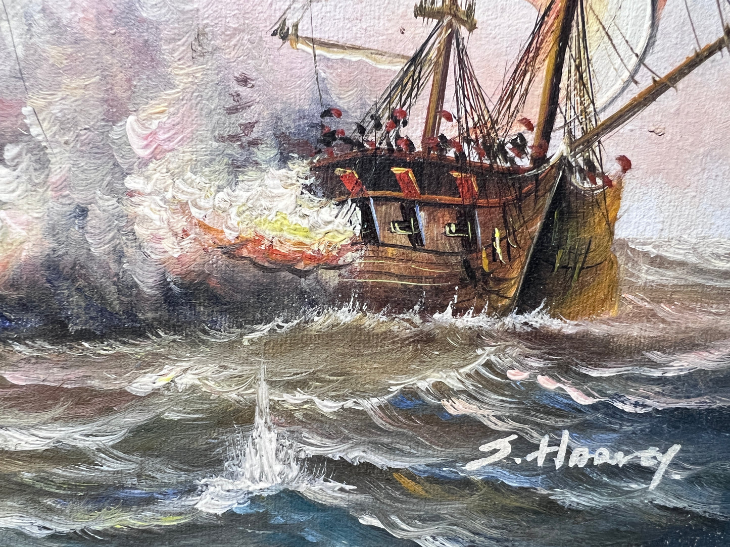 J.Harvey Oil painting on canvas, SHIPS BATTLE AT SEA, Signed, Framed