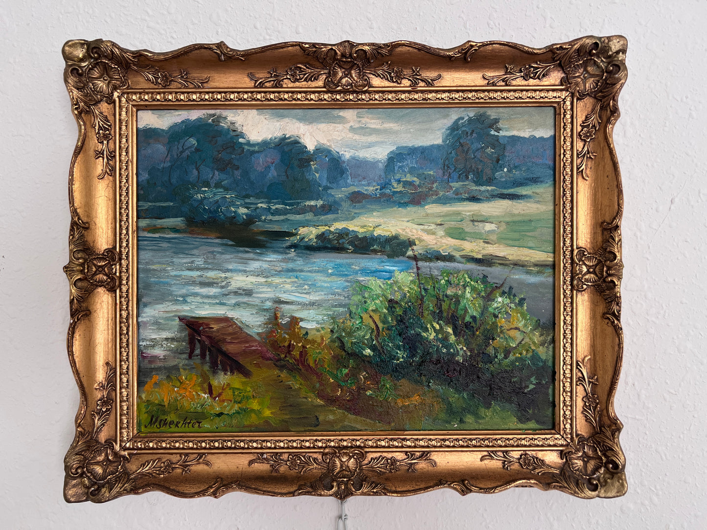 Vintage Landscape Oil Painting – Landscape by Max Shekhter (b. 1938), Gold Frame