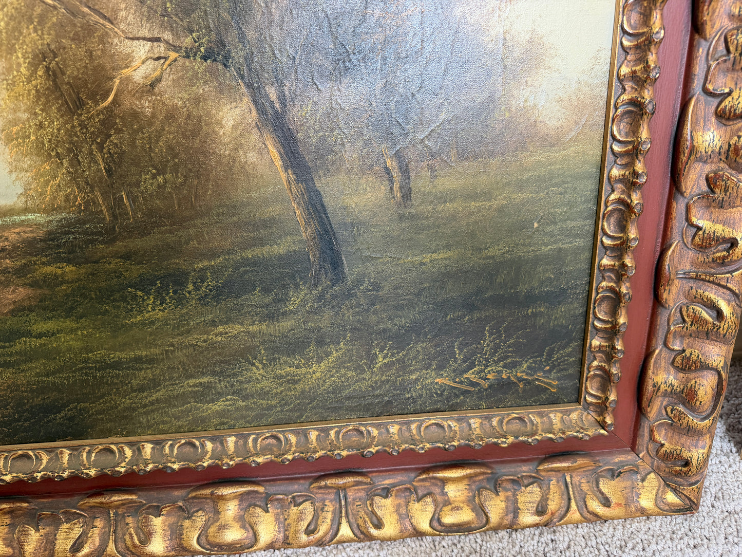 Large Antique European School Oil/canvas Painting Signed Landscape Ornate Framed