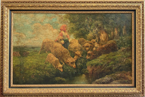 Large Antique European School Oil Painting Shepherdess Sheep Landscape Signed