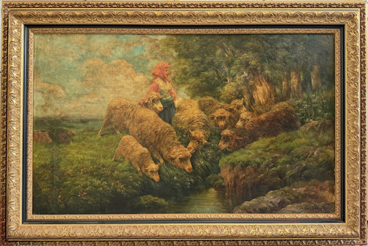 Large Antique European School Oil Painting Shepherdess Sheep Landscape Signed