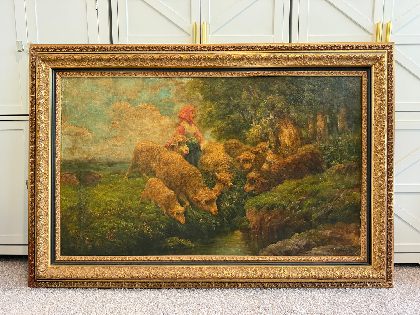 Large Antique European School Oil Painting Shepherdess Sheep Landscape Signed