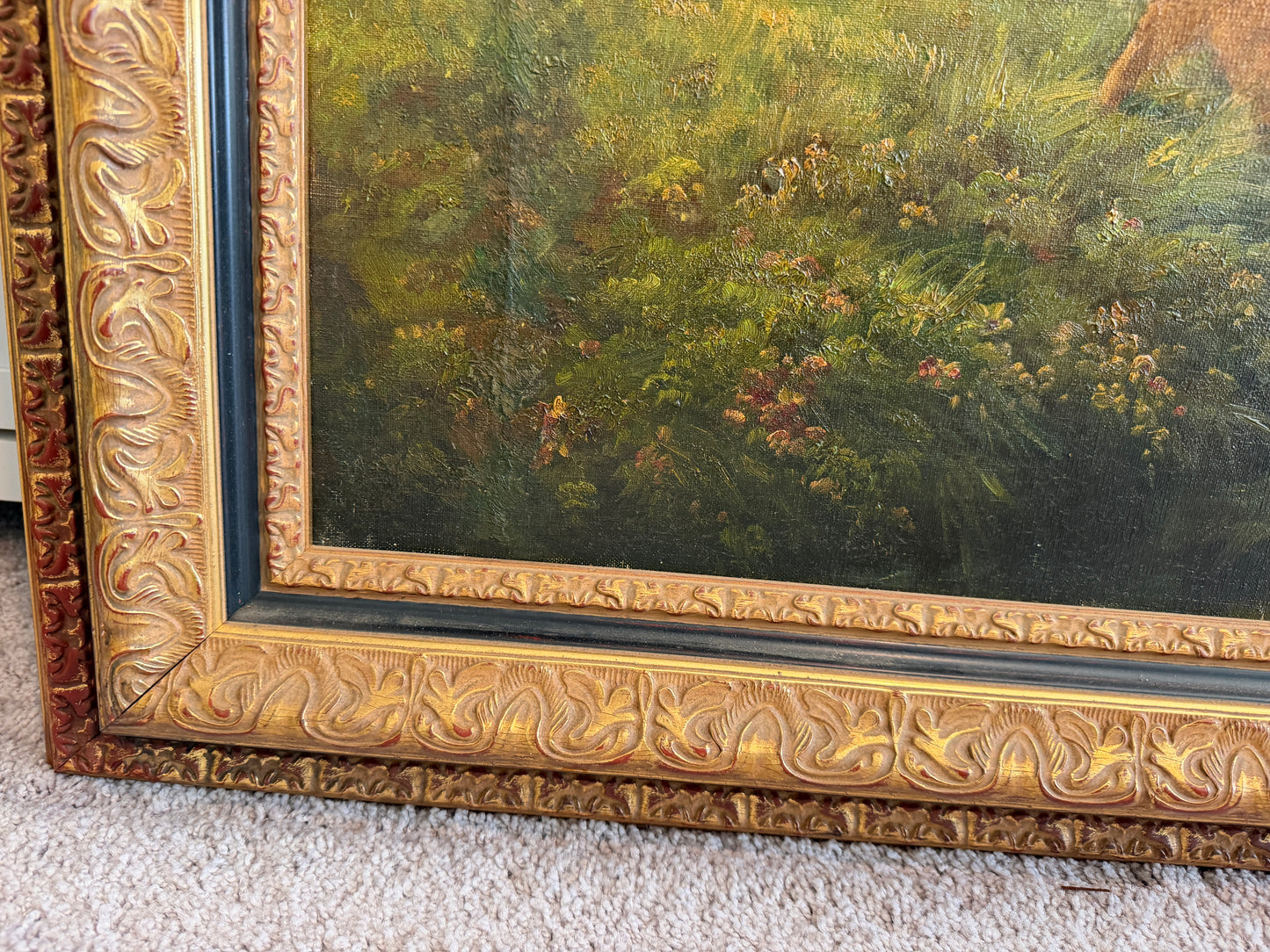 Large Antique European School Oil Painting Shepherdess Sheep Landscape Signed