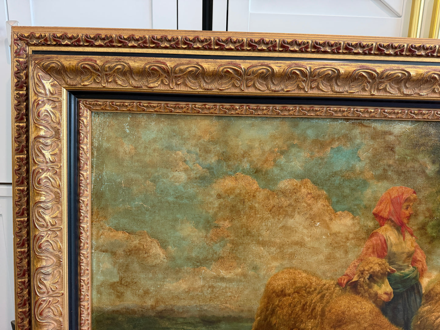 Large Antique European School Oil Painting Shepherdess Sheep Landscape Signed
