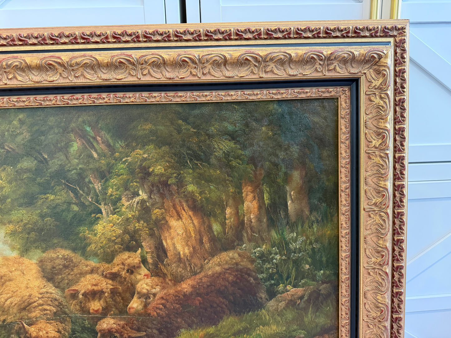 Large Antique European School Oil Painting Shepherdess Sheep Landscape Signed