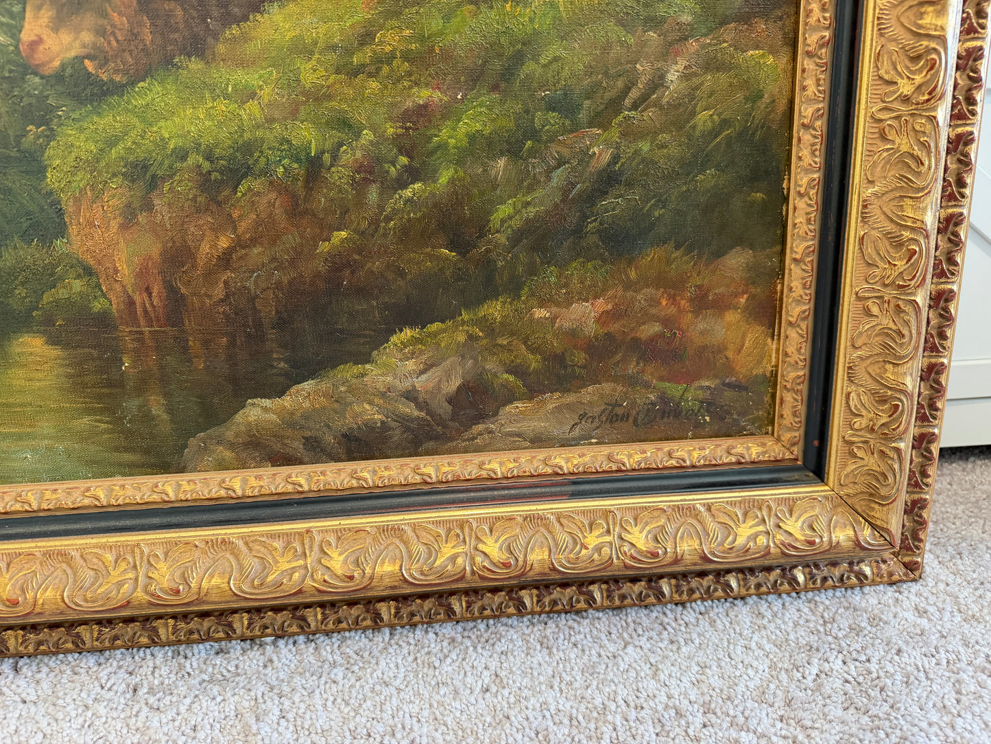 Large Antique European School Oil Painting Shepherdess Sheep Landscape Signed