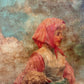 Large Antique European School Oil Painting Shepherdess Sheep Landscape Signed