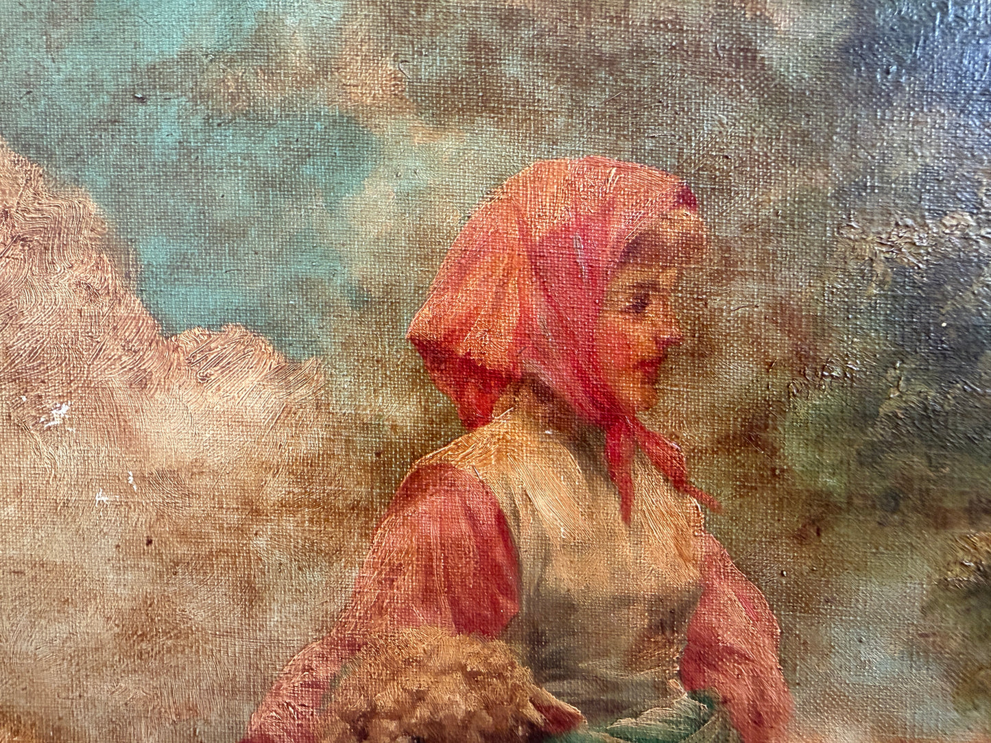 Large Antique European School Oil Painting Shepherdess Sheep Landscape Signed