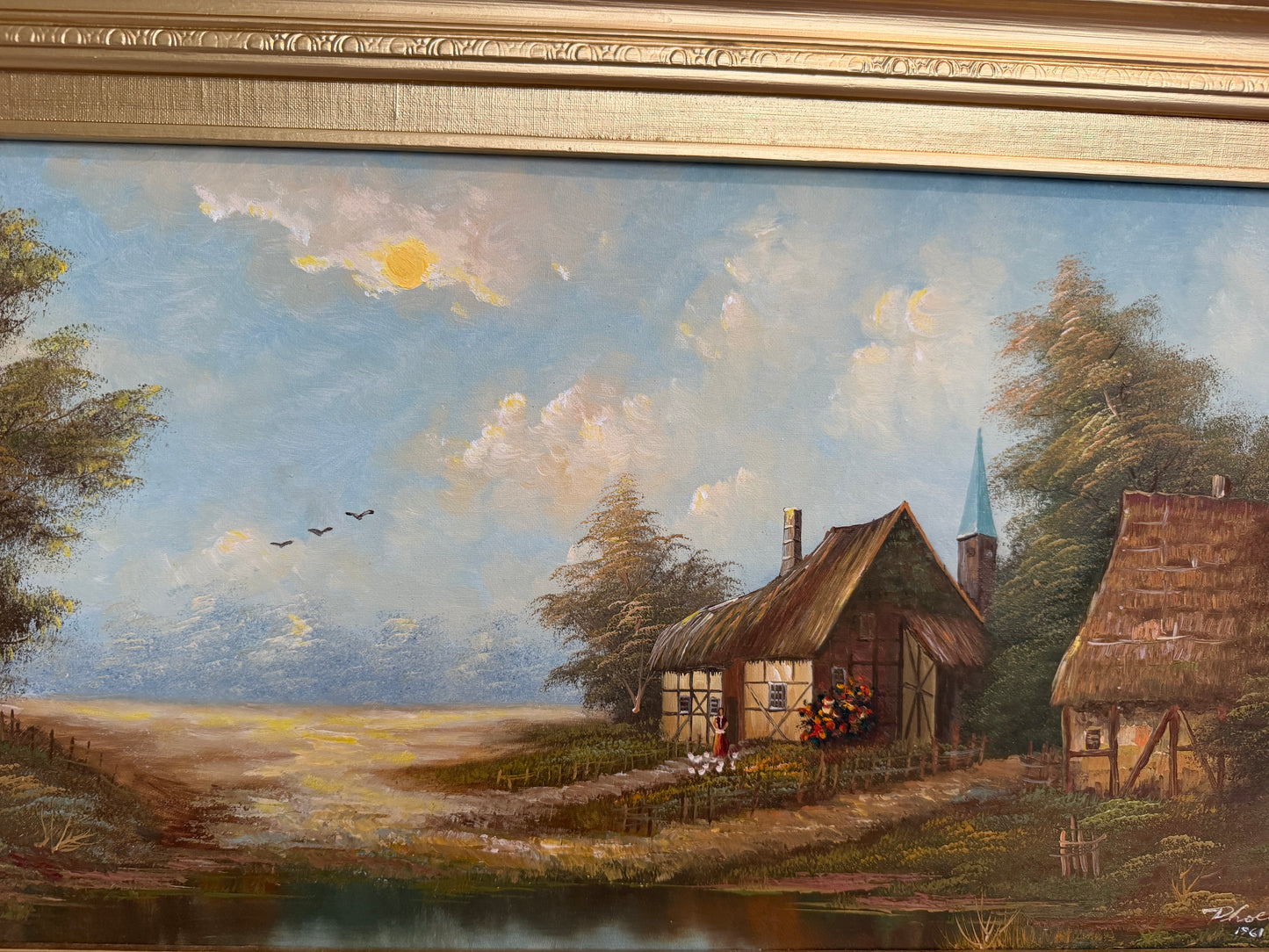 Vintage European Coastal Village Oil Painting Signed Dated 1961 Framed Landscape