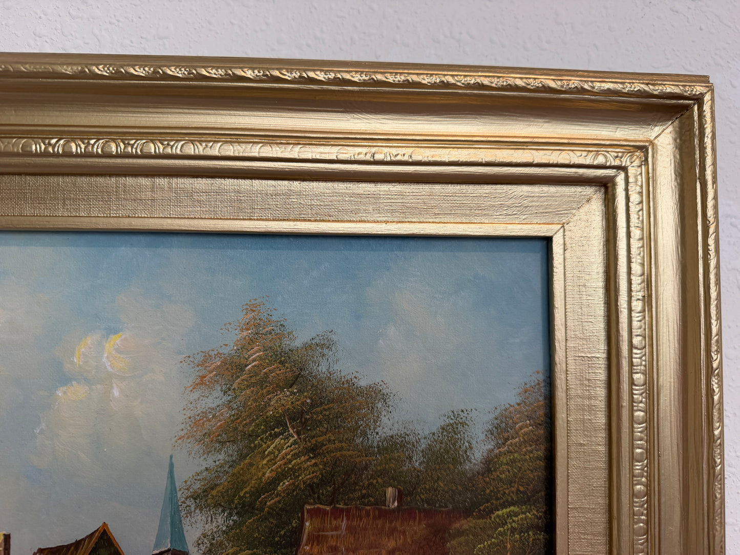 Vintage European Coastal Village Oil Painting Signed Dated 1961 Framed Landscape