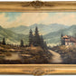 Large VTG Alpine Mountain Landscape Oil Painting European Cabin Framed Signed