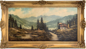 Large VTG Alpine Mountain Landscape Oil Painting European Cabin Framed Signed