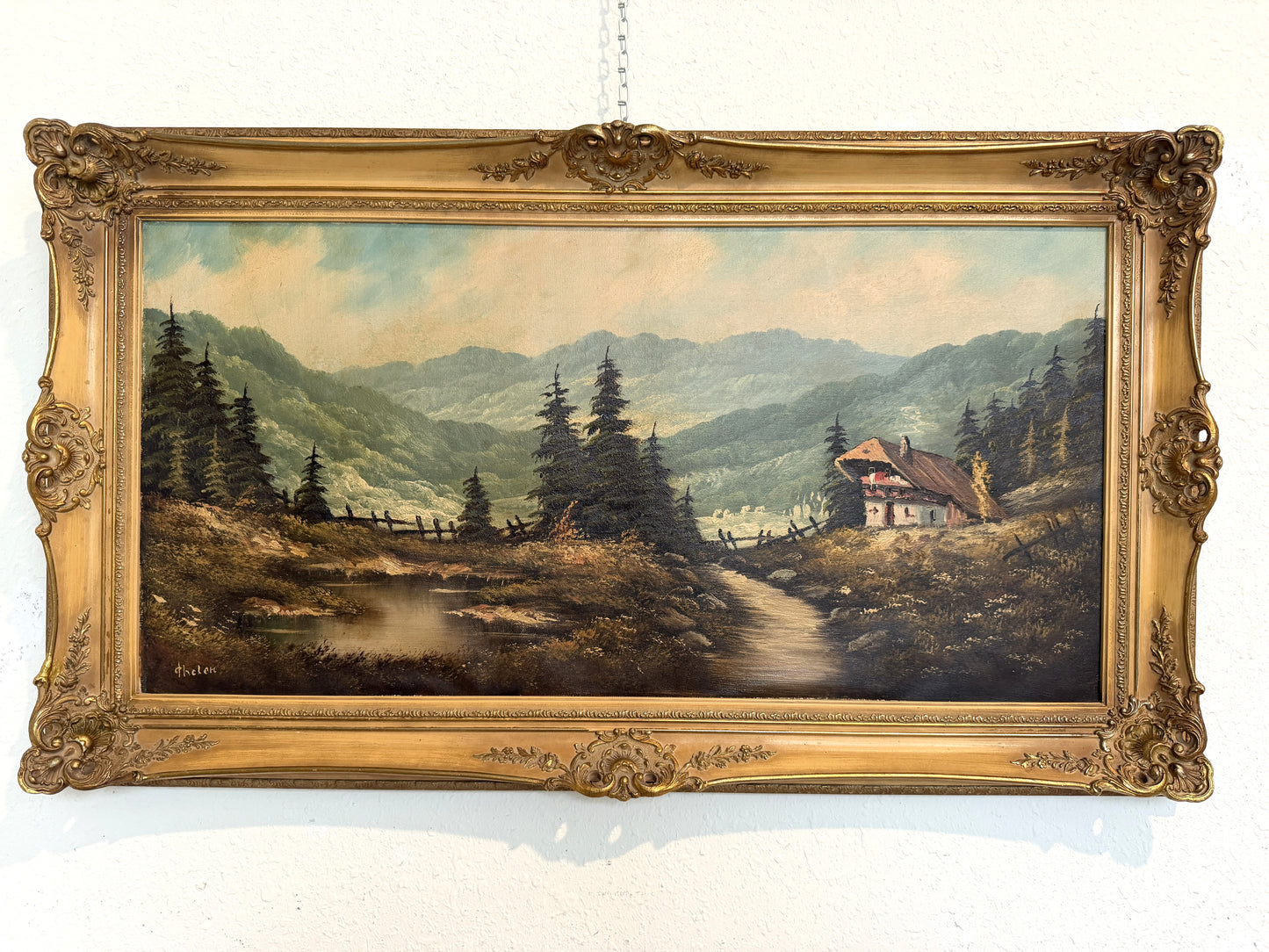 Large VTG Alpine Mountain Landscape Oil Painting European Cabin Framed Signed