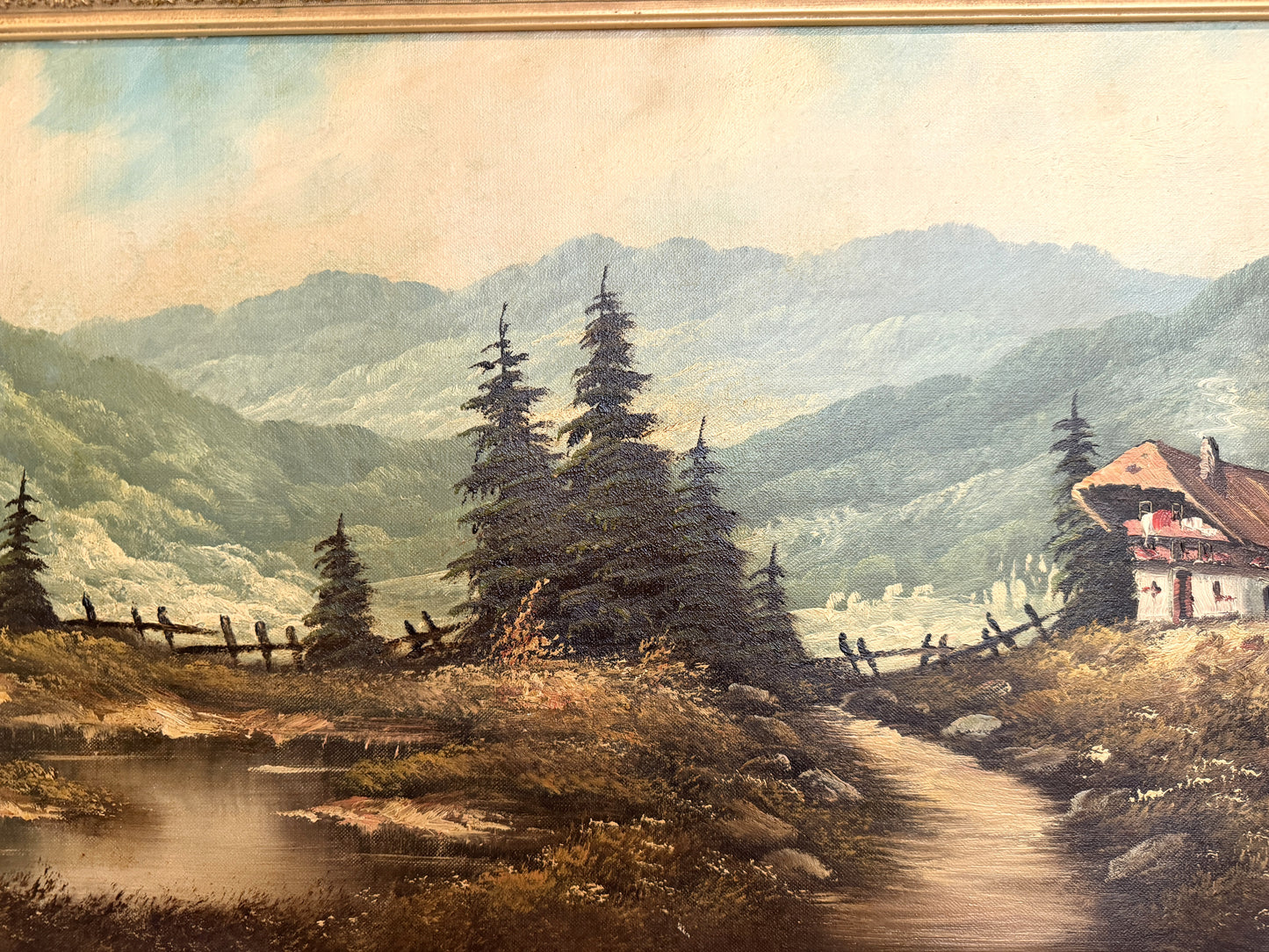 Large VTG Alpine Mountain Landscape Oil Painting European Cabin Framed Signed