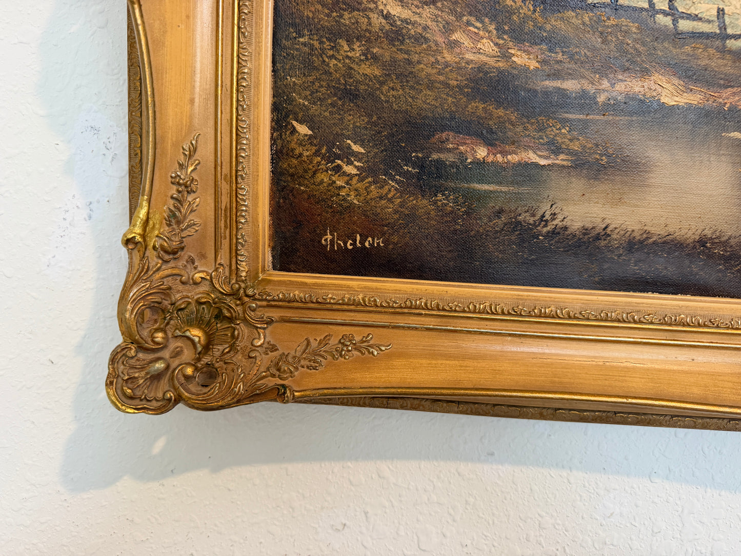 Large VTG Alpine Mountain Landscape Oil Painting European Cabin Framed Signed