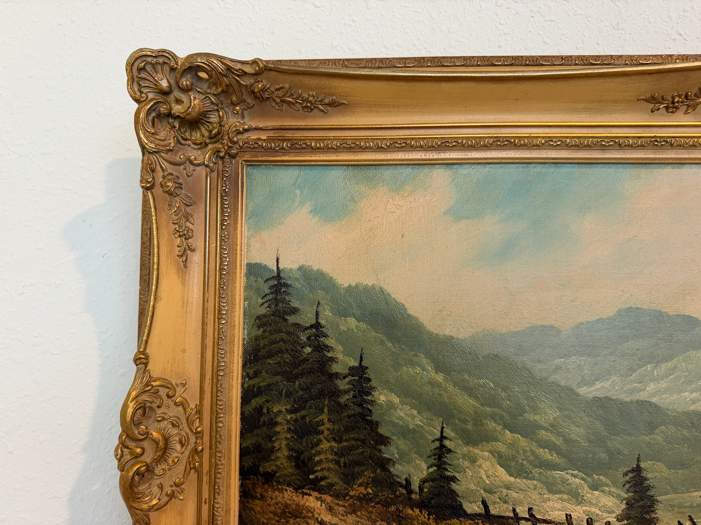 Large VTG Alpine Mountain Landscape Oil Painting European Cabin Framed Signed