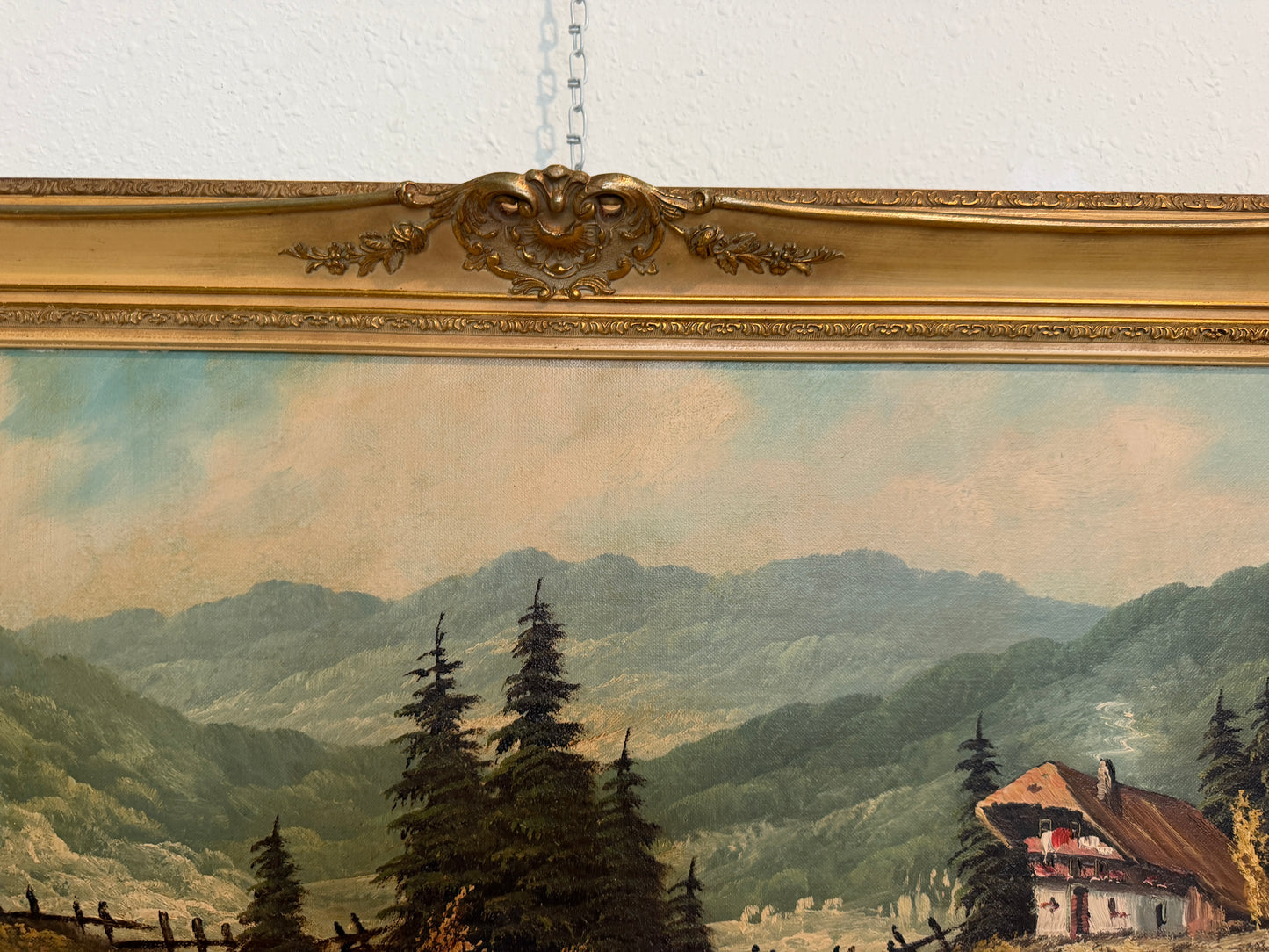 Large VTG Alpine Mountain Landscape Oil Painting European Cabin Framed Signed