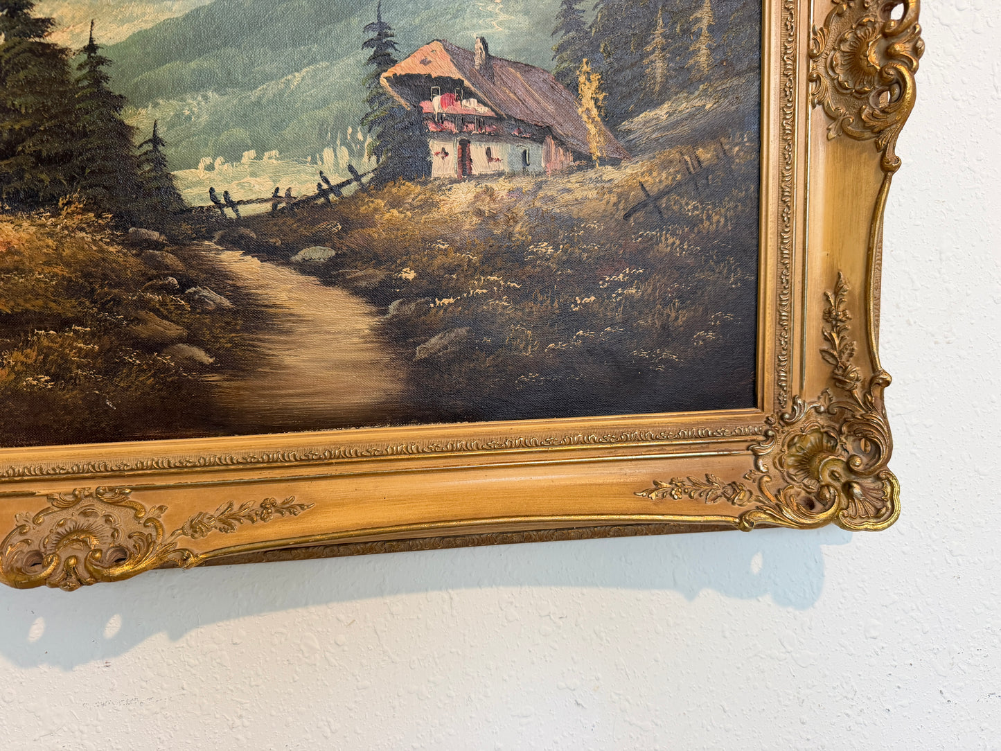 Large VTG Alpine Mountain Landscape Oil Painting European Cabin Framed Signed