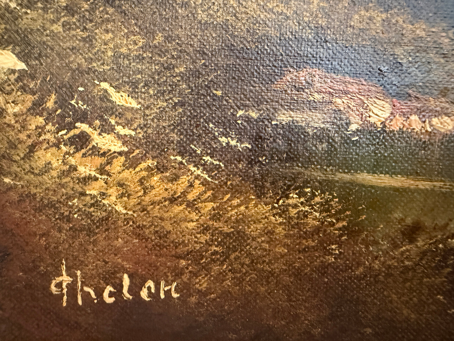 Large VTG Alpine Mountain Landscape Oil Painting European Cabin Framed Signed