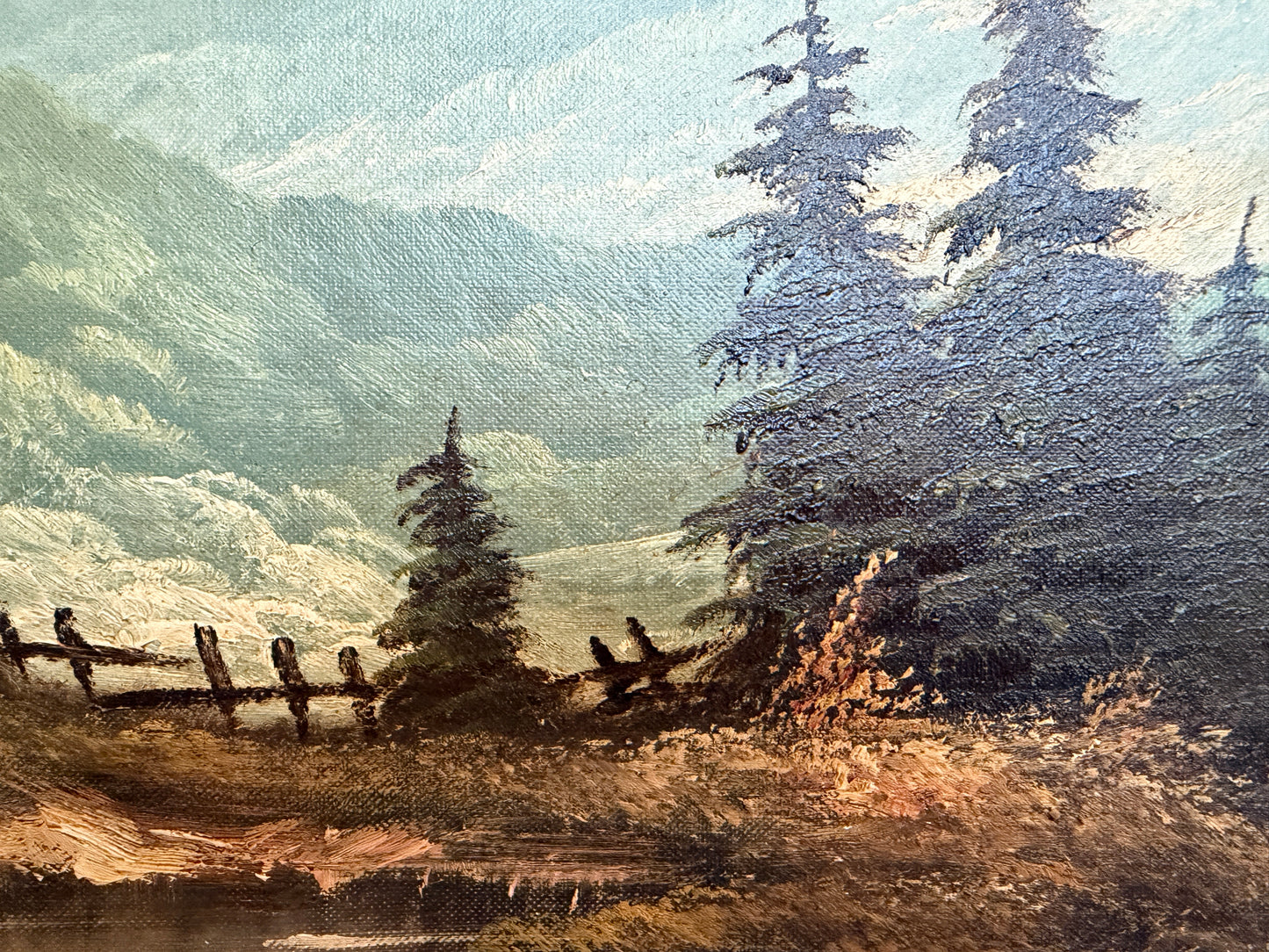 Large VTG Alpine Mountain Landscape Oil Painting European Cabin Framed Signed