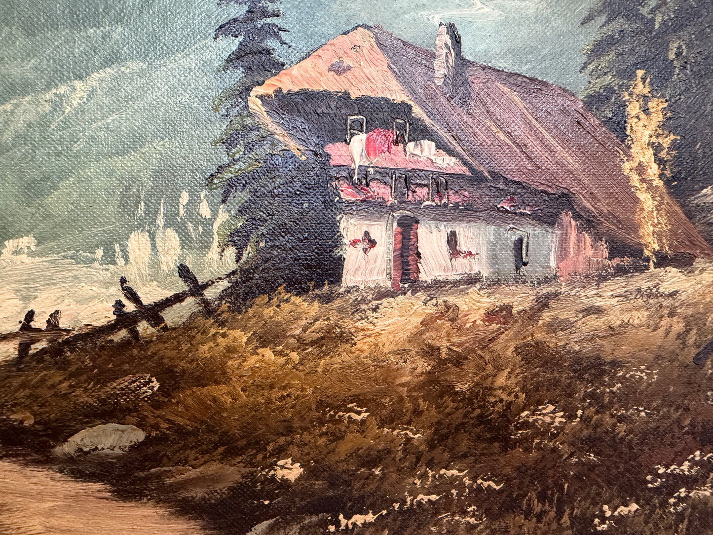 Large VTG Alpine Mountain Landscape Oil Painting European Cabin Framed Signed